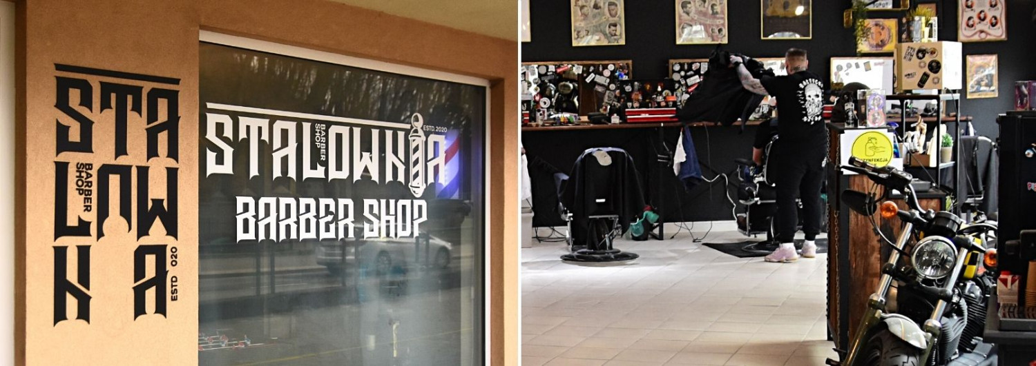 Po lewej: witryna barbershopu Stalownia. Po prawej wnętrze zakładu. Fot. Małgorzata Osowiecka